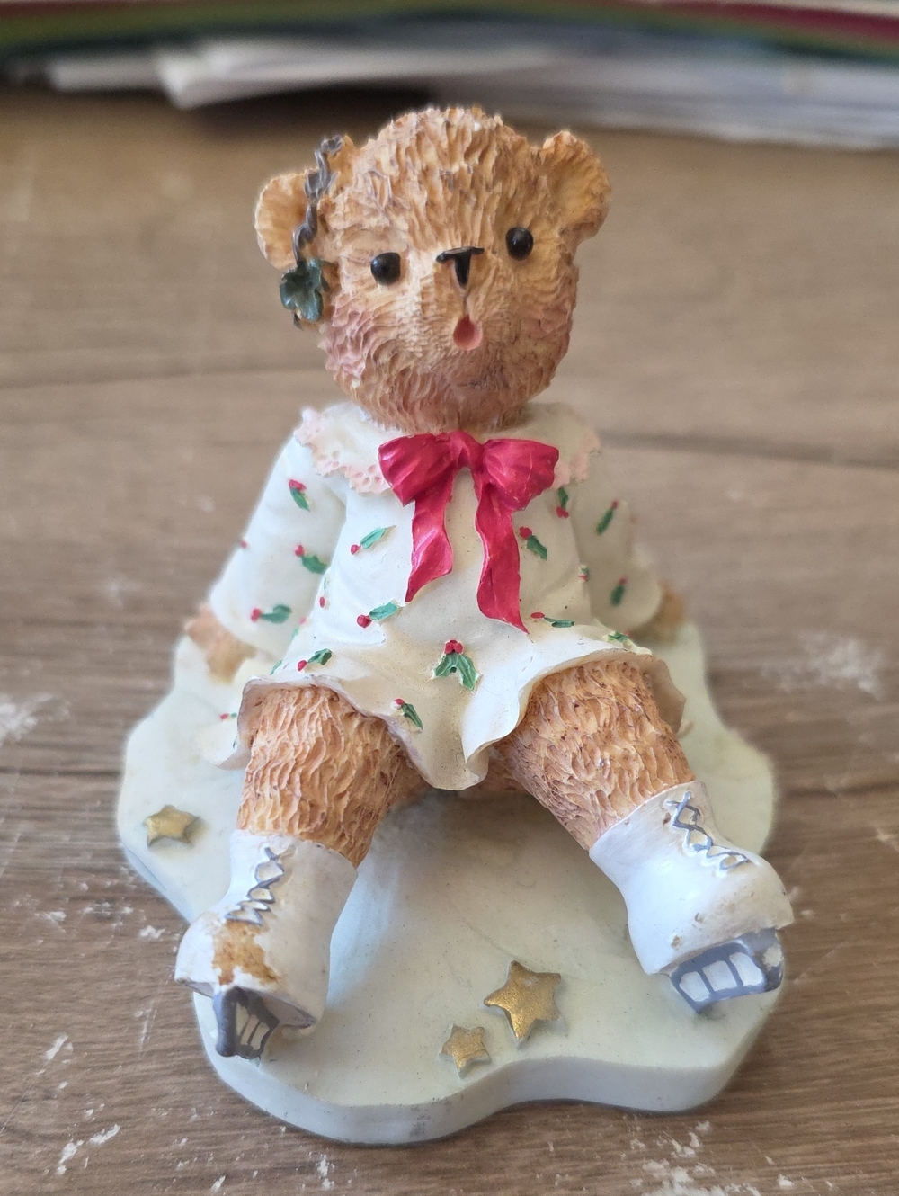 BearPaw Holiday Bear Figurine in Cream Dress with Red Bow